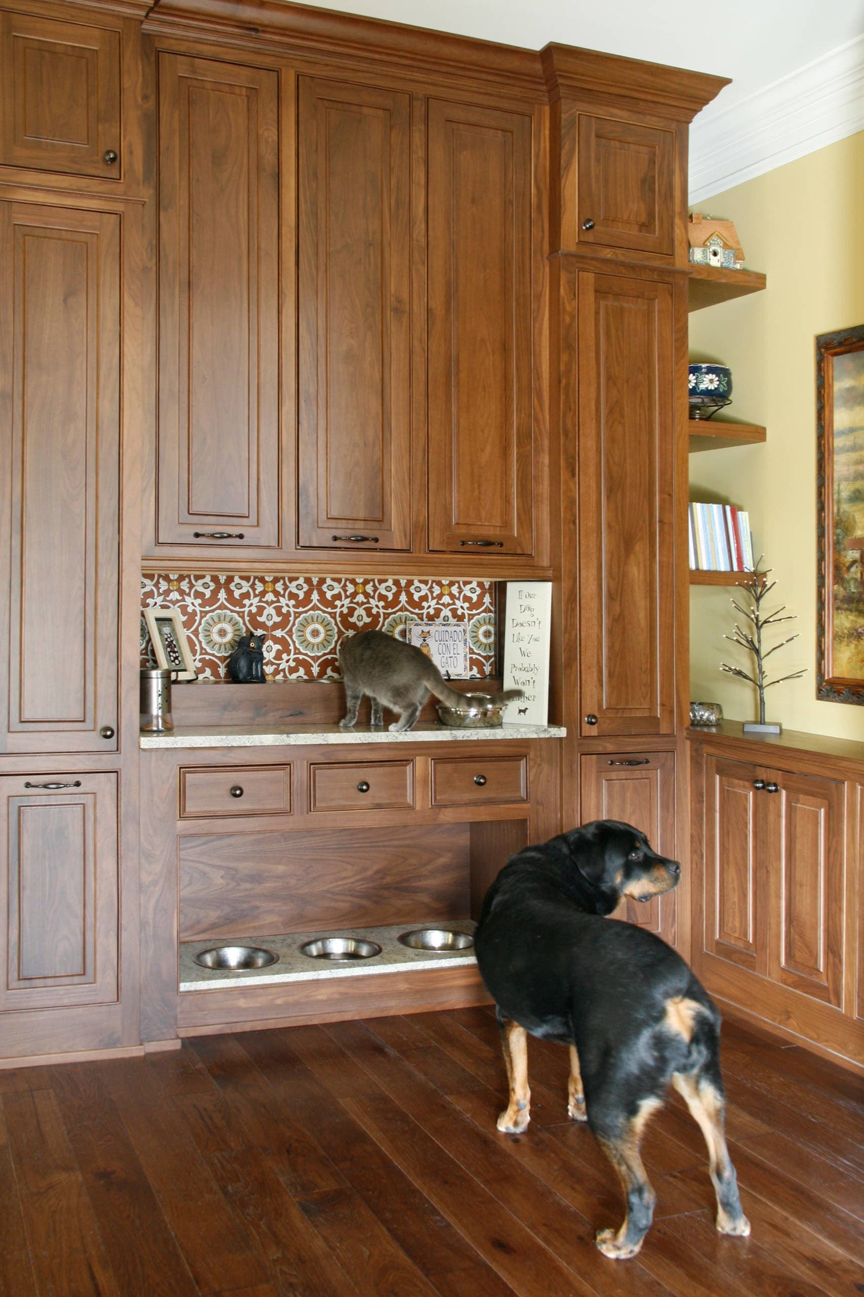 A real pet feeding station setup with bowls, mat, food storage, scoop, and cleanup towel.